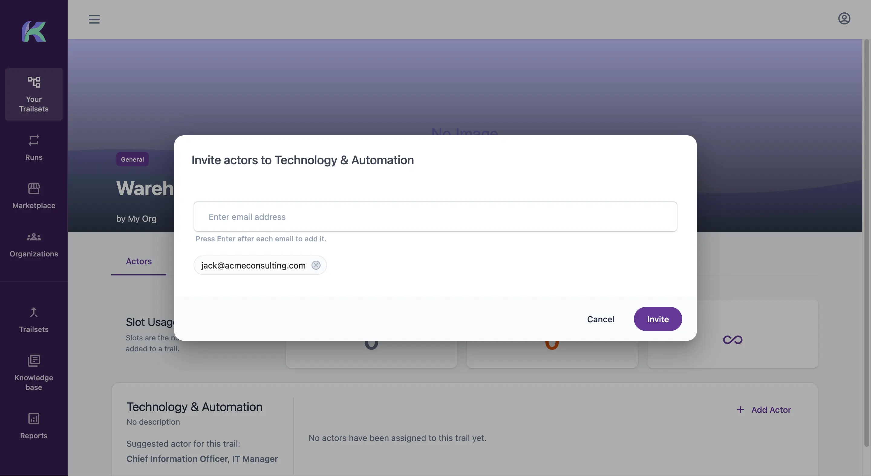 Interface for inviting actors to a purchased Trailset