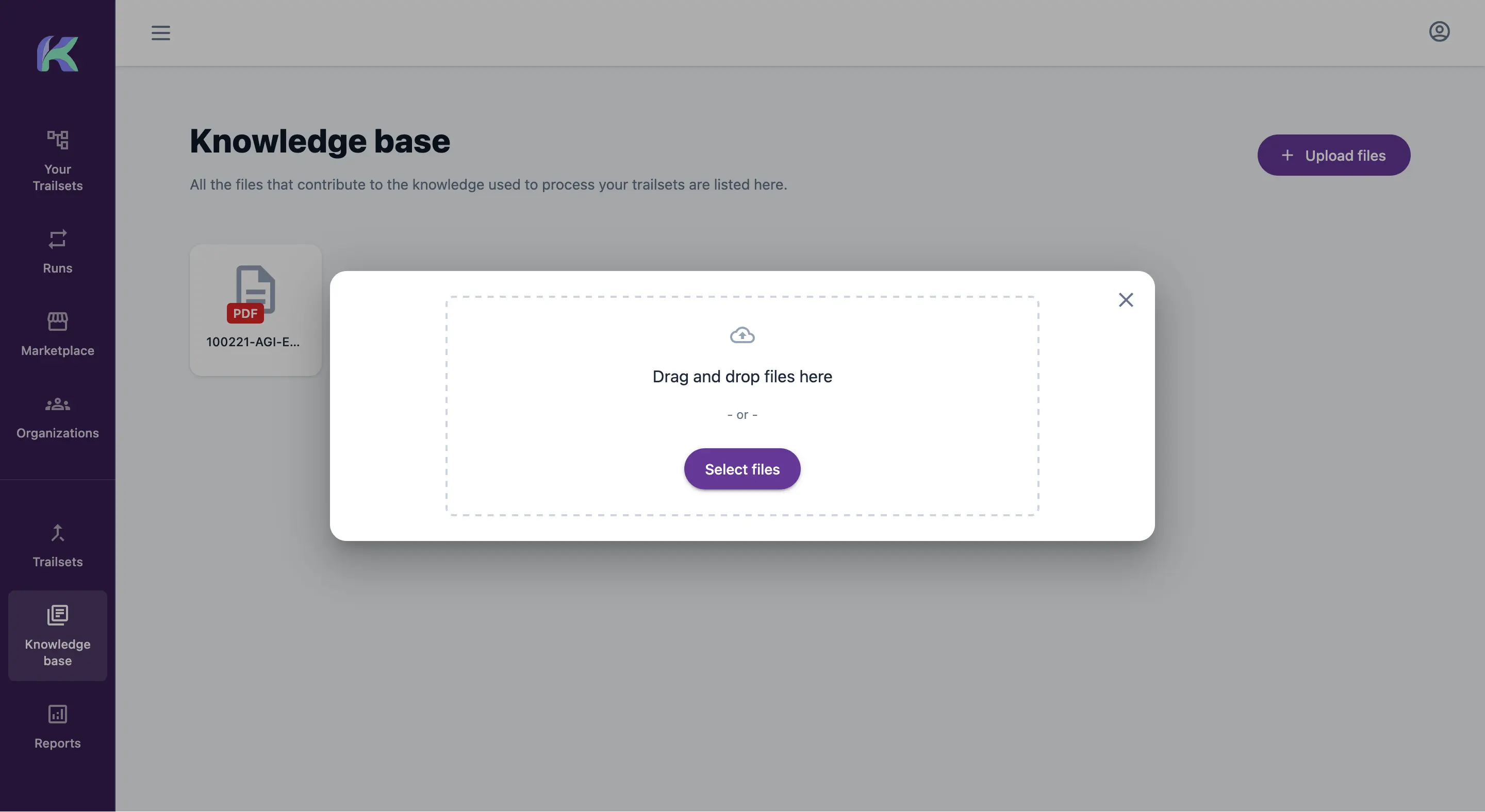 Kitra knowledge base interface for uploading files