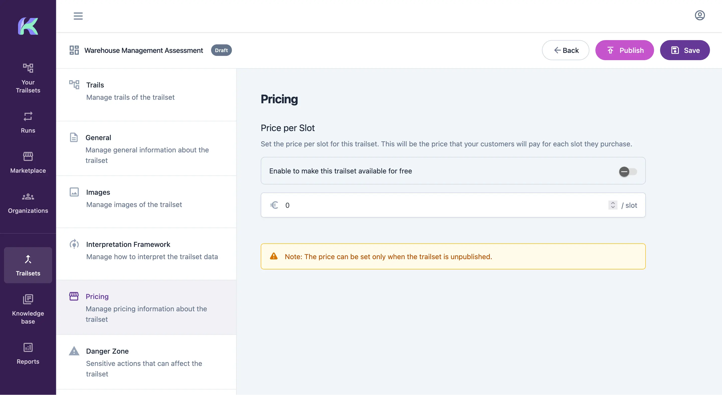 Kitra Trailset detail page showing management options