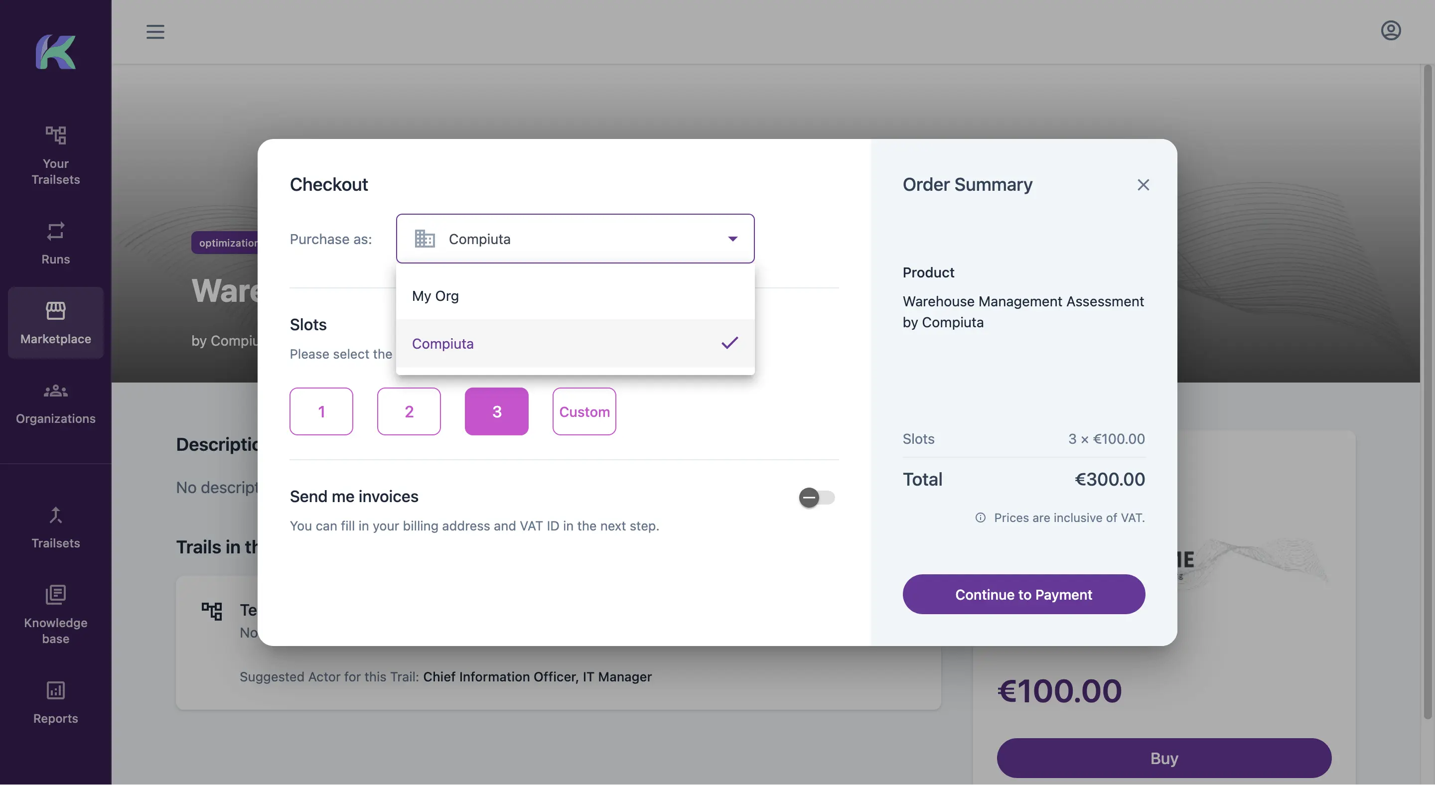 Marketplace di Kitra che mostra i Trailset disponibili